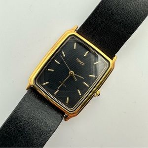 Timex Vintage Mens Formal Black Leather Classic Rectangular Dress Quartz Watch